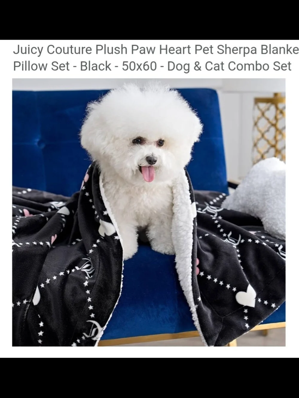 Juicy Couture Luxury Black Plush Dog Bed with Crown And Matching Plush Throw